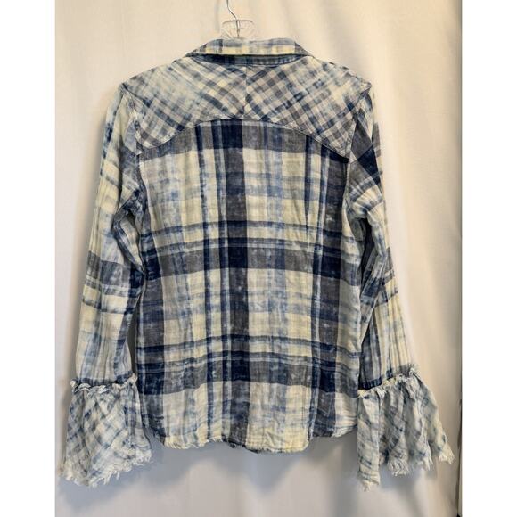 Sundance | Macey Plaid Shirt Women’s Cotton Raw Edge Bell Sleeves - Size Medium - Picture 4 of 5